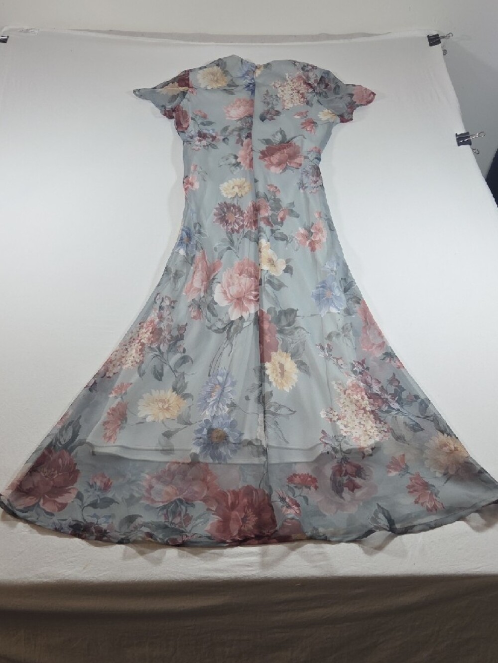 Vintage Floral Maxi Dress Dusty Blue Pink Blooms Sheer Overlay Stretch Bridal - Picture 9 of 9